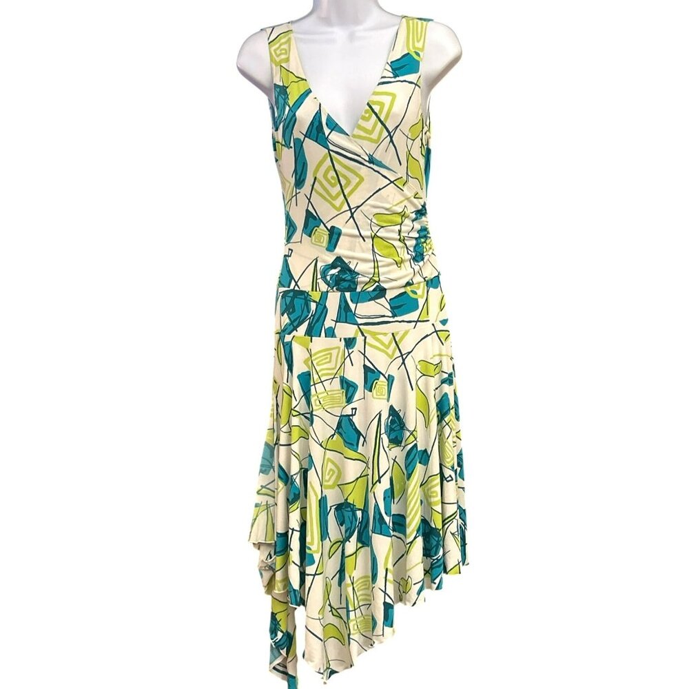 Max & Cleo Women's Green White Sleeveless Asymmetrical Hem Y2K Dress XS Vintage